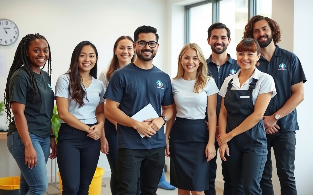 Echipa cleansystem gata să ajute clienții cu servicii de curățenie profesionale, zâmbind și oferind suport