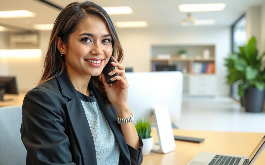 Femeie zâmbind în timp ce vorbește la telefon într-un birou curat, evidențiind comunicarea eficientă cu clienții cleansystem