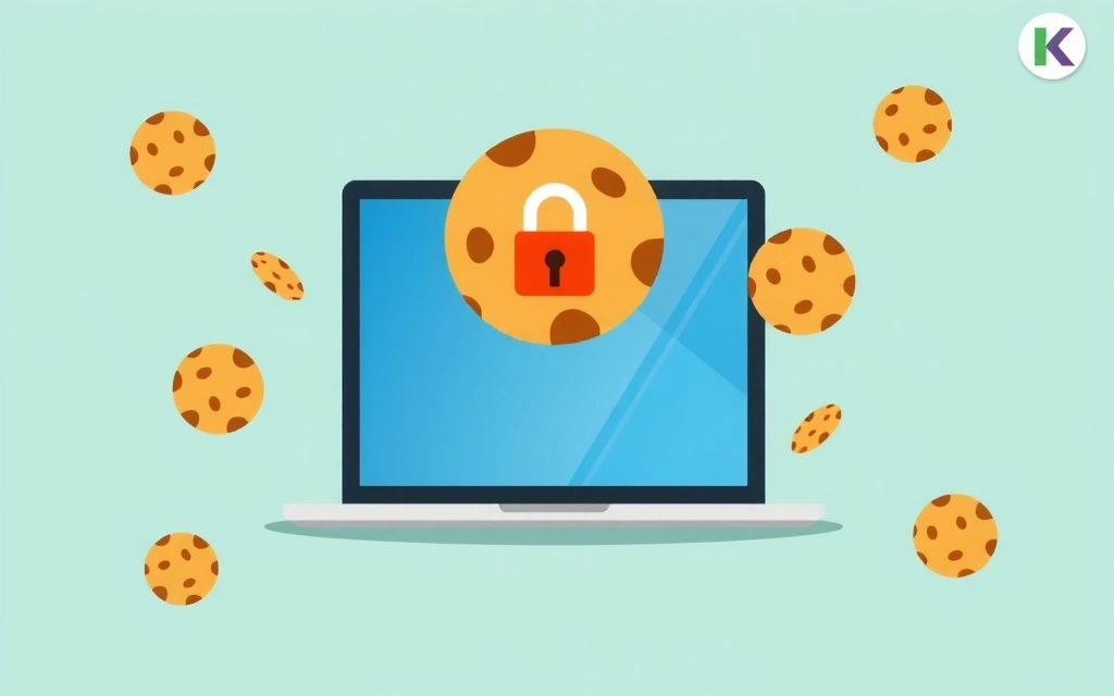 Ilustrație cu un browser web și iconițe de cookie-uri, reprezentând date și confidențialitate online.