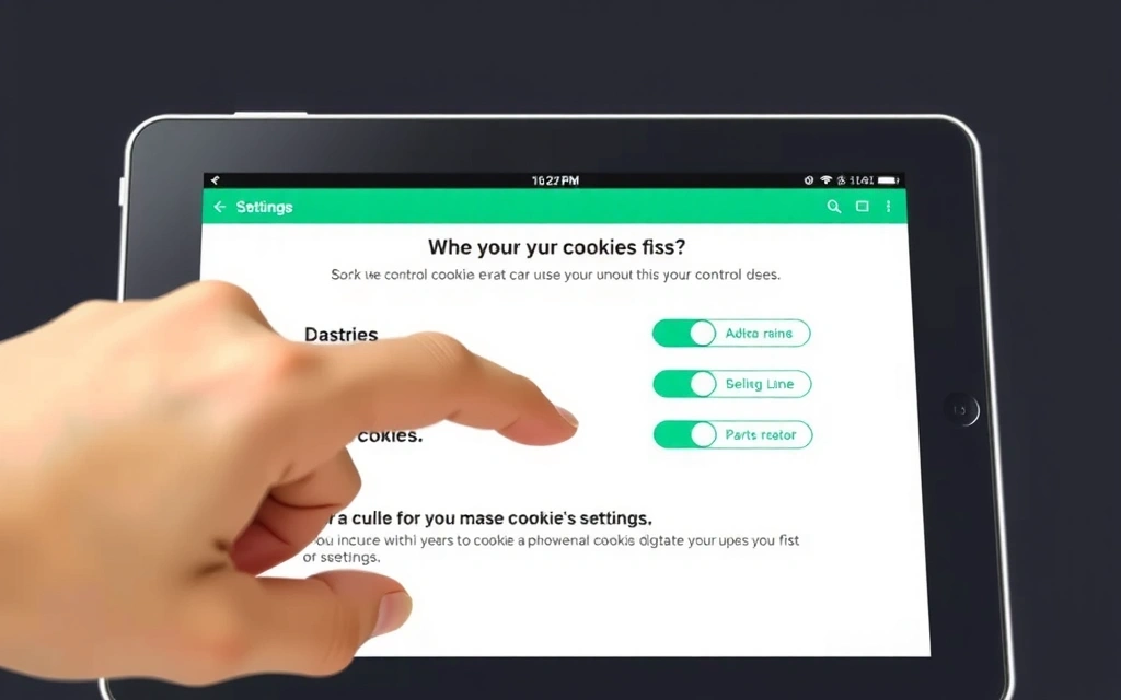 Mână apăsând un buton de setări pe un ecran de tabletă, ilustrând controlul utilizatorului asupra preferințelor de cookie-uri.