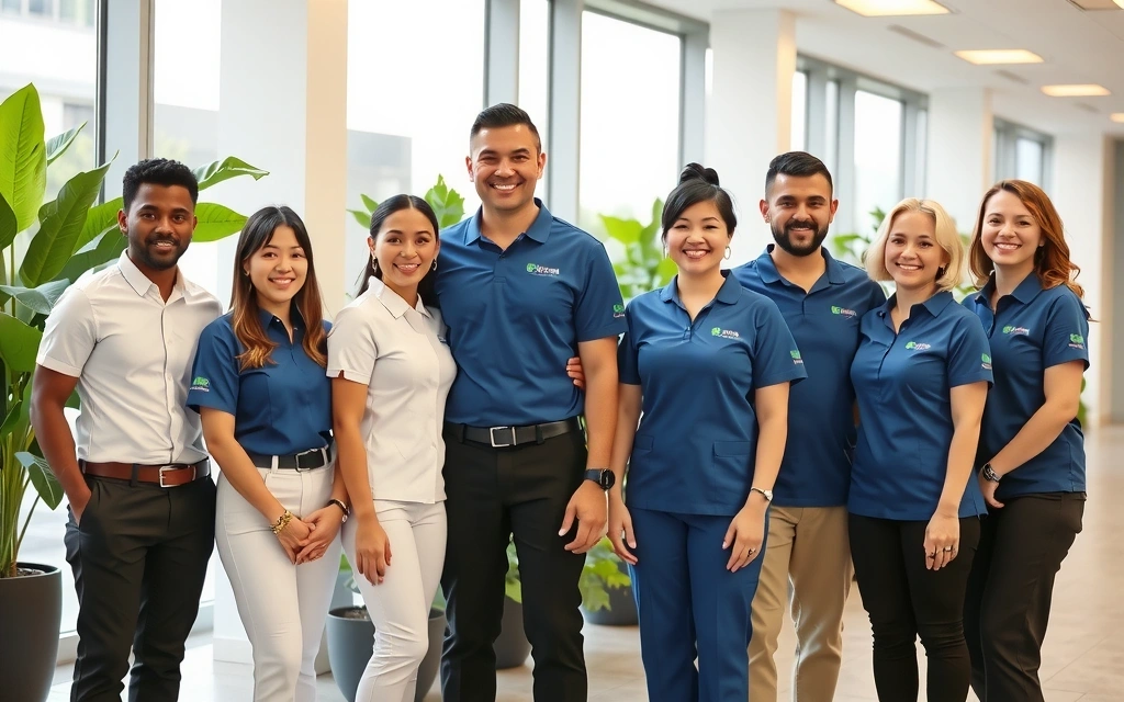 Grup de membri ai echipei CleanSYSTEM zâmbind și colaborând