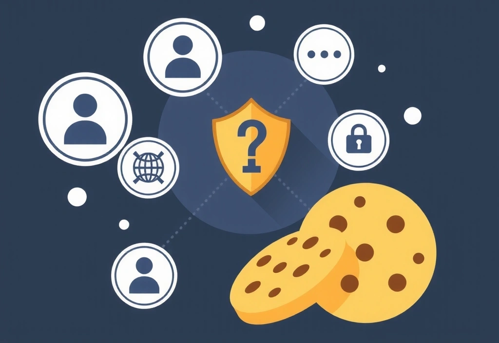 Ilustrație abstractă cu simboluri de cookie-uri și date, reprezentând gestionarea confidențialității online