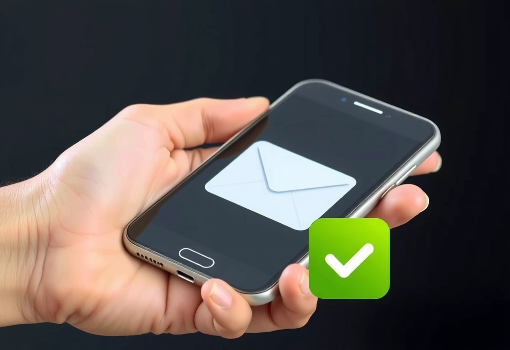 Imagine a unei mâini care ține un smartphone cu un e-mail deschis, sublinând comunicarea directă