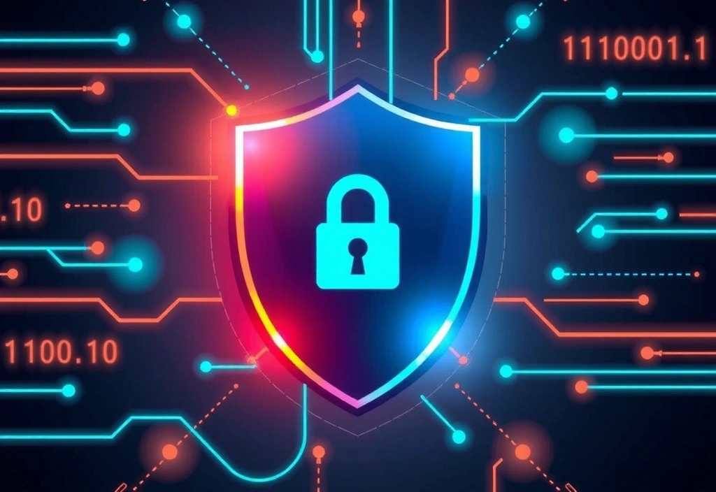 Imagine abstractă cu un scut digital care protejează date personale, evidențiind securitatea cibernetică